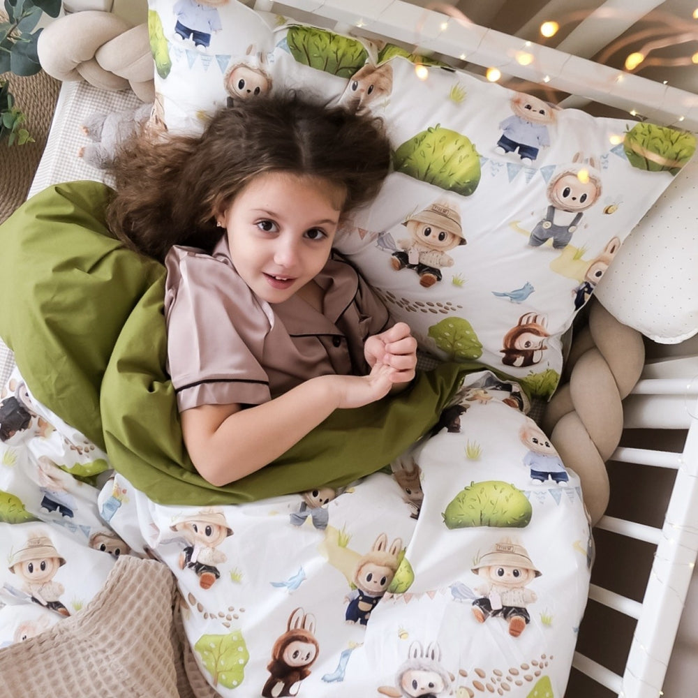 Detská popelínová posteľná bielizeň Labubu oliva