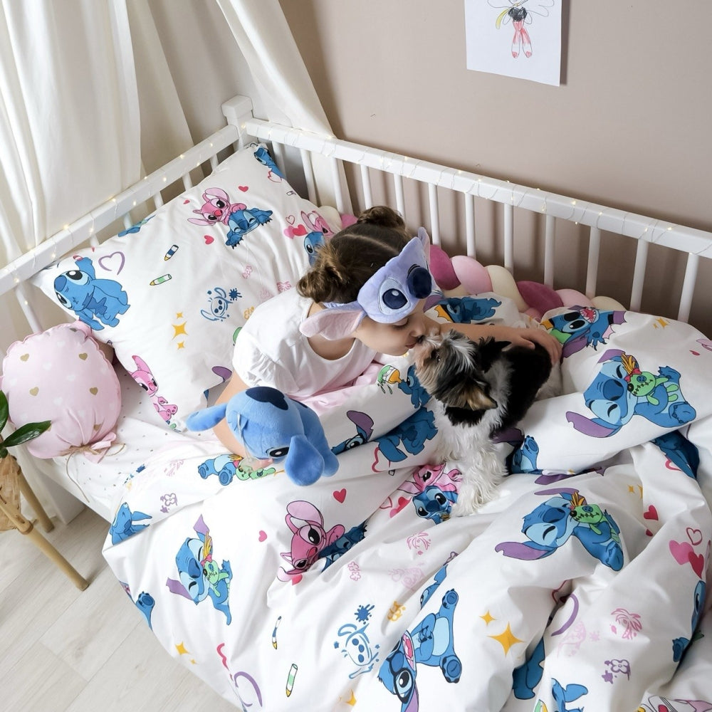 Detská popelínová posteľná bielizeň pre bábätko – Stitch ružová