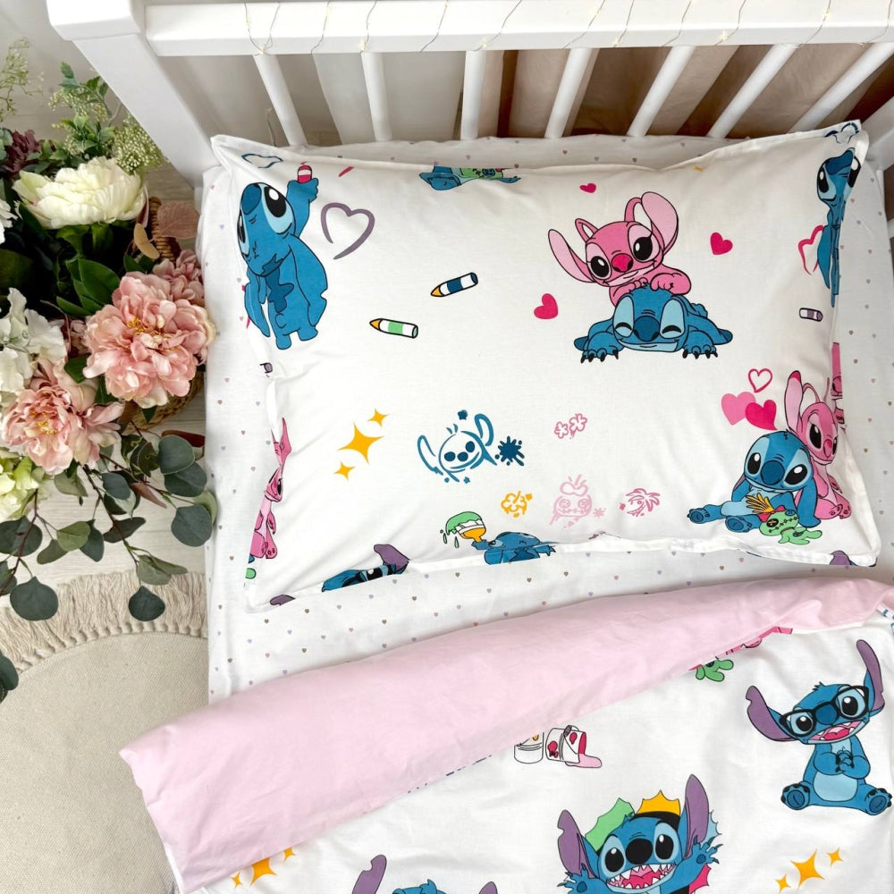 Detská popelínová posteľná bielizeň pre bábätko – Stitch ružová