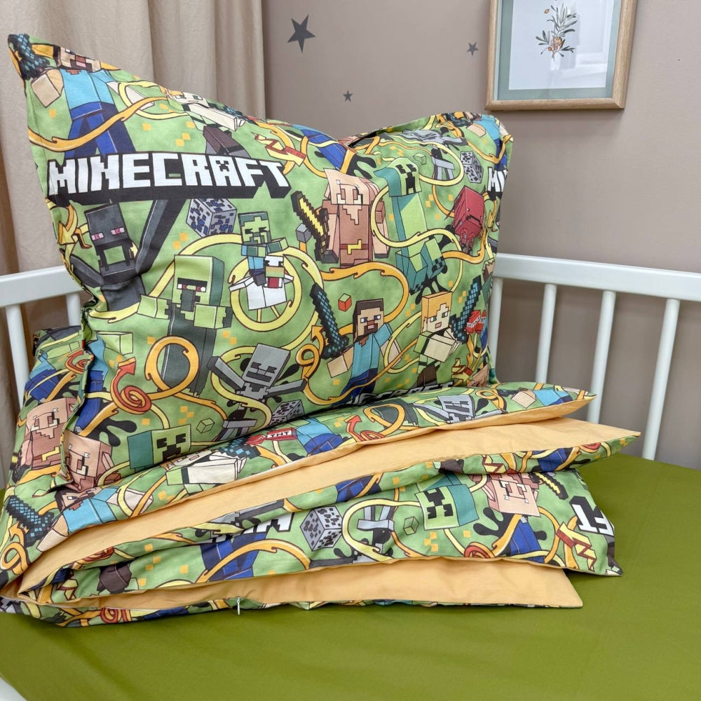 Detská popelínová posteľná bielizeň pre bábätko – Minecraft horčicová