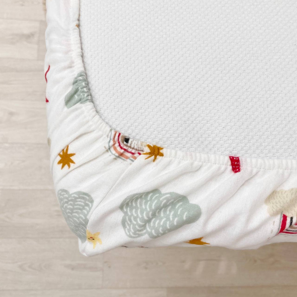 Flanelová napínacia plachta do postieľky 120 × 60 cm – Dúhy v obláčikoch mäta