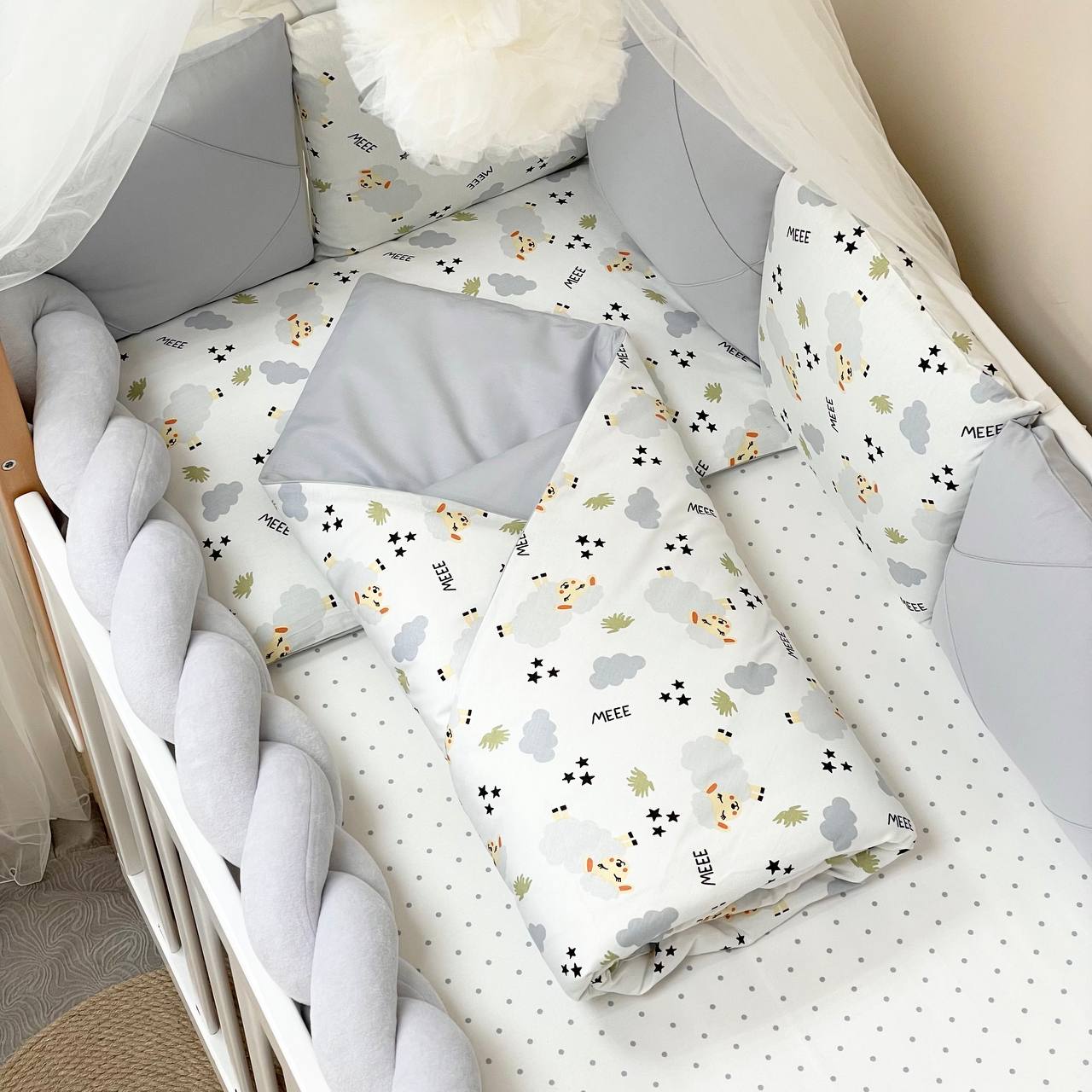 Komplet do postieľky pre bábätko Happy Night – ovečky sivé