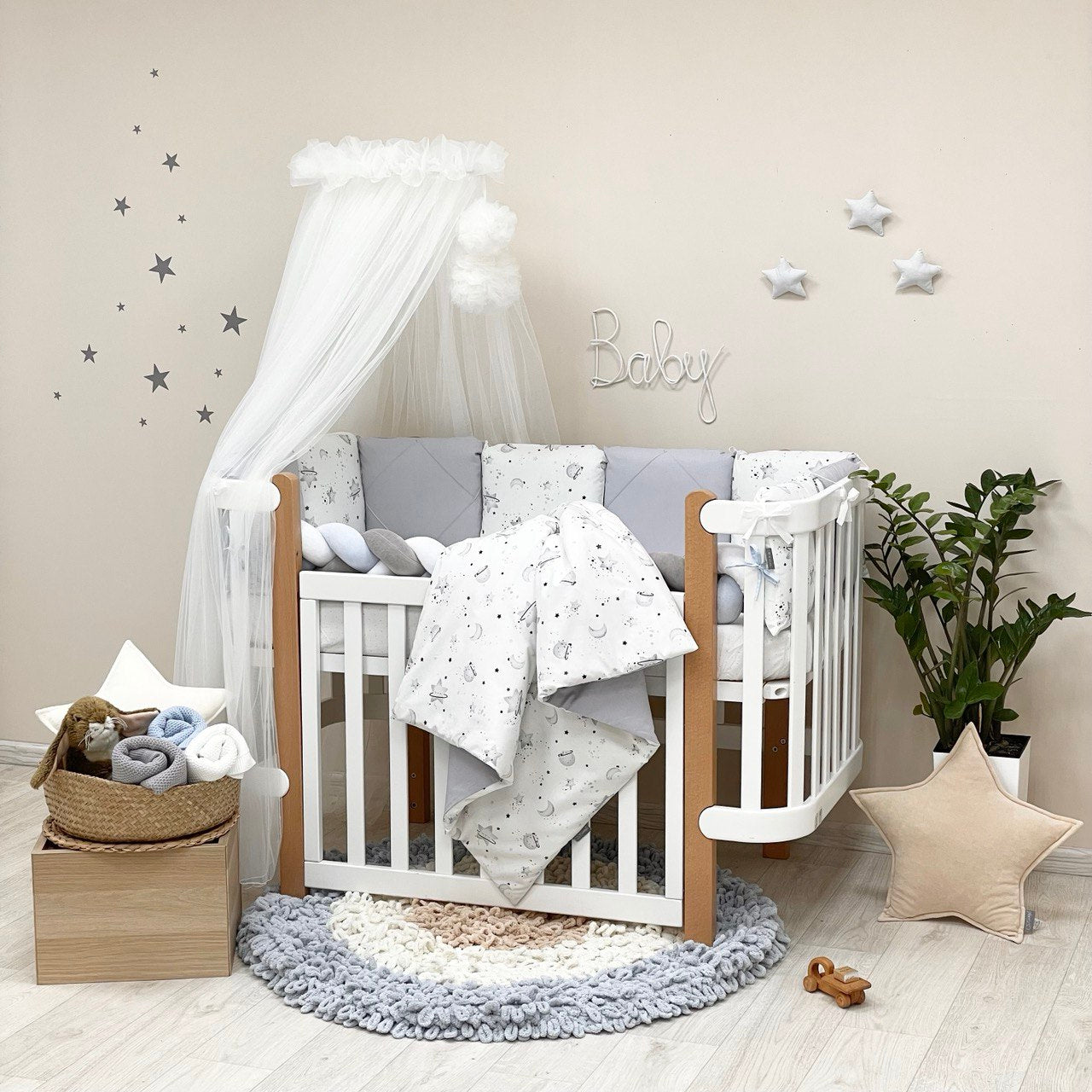 Komplet do postieľky pre bábätko Happy Night – galaxia sivá