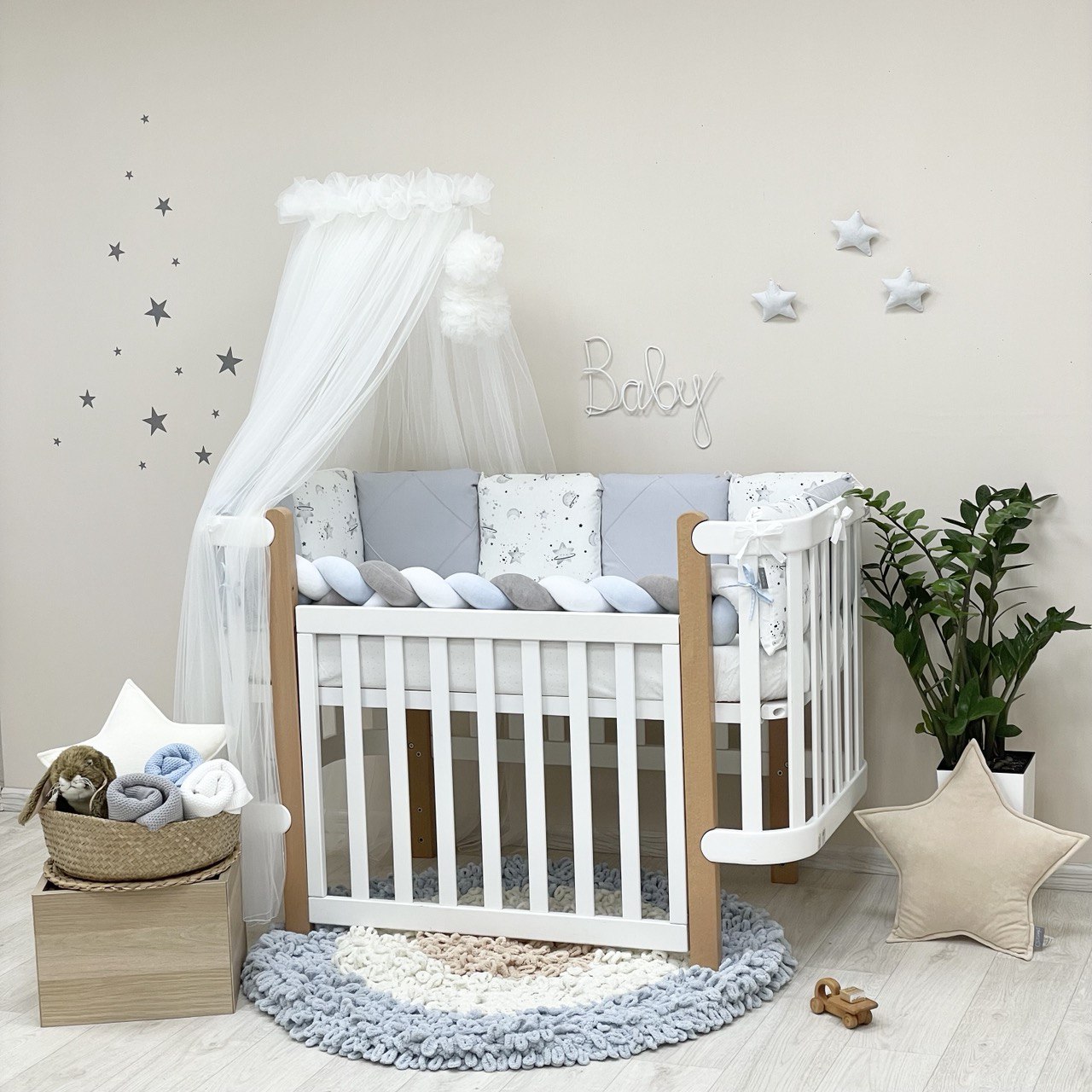 Komplet do postieľky pre bábätko Happy Night – galaxia sivá