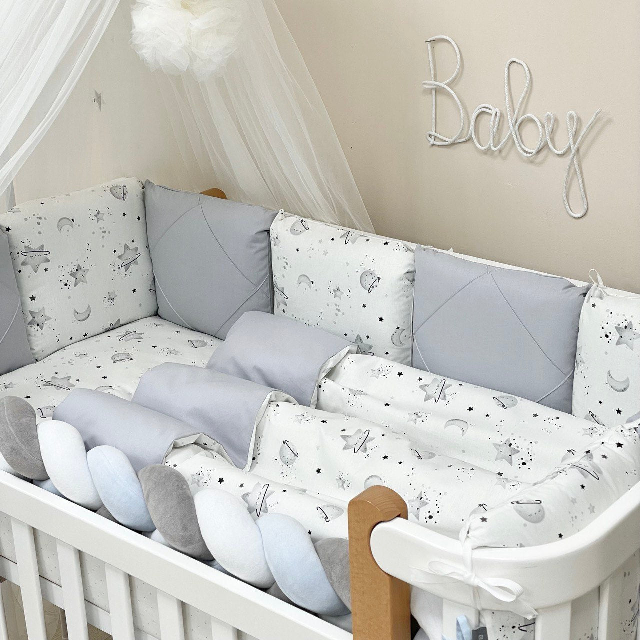 Komplet do postieľky pre bábätko Happy Night – galaxia sivá