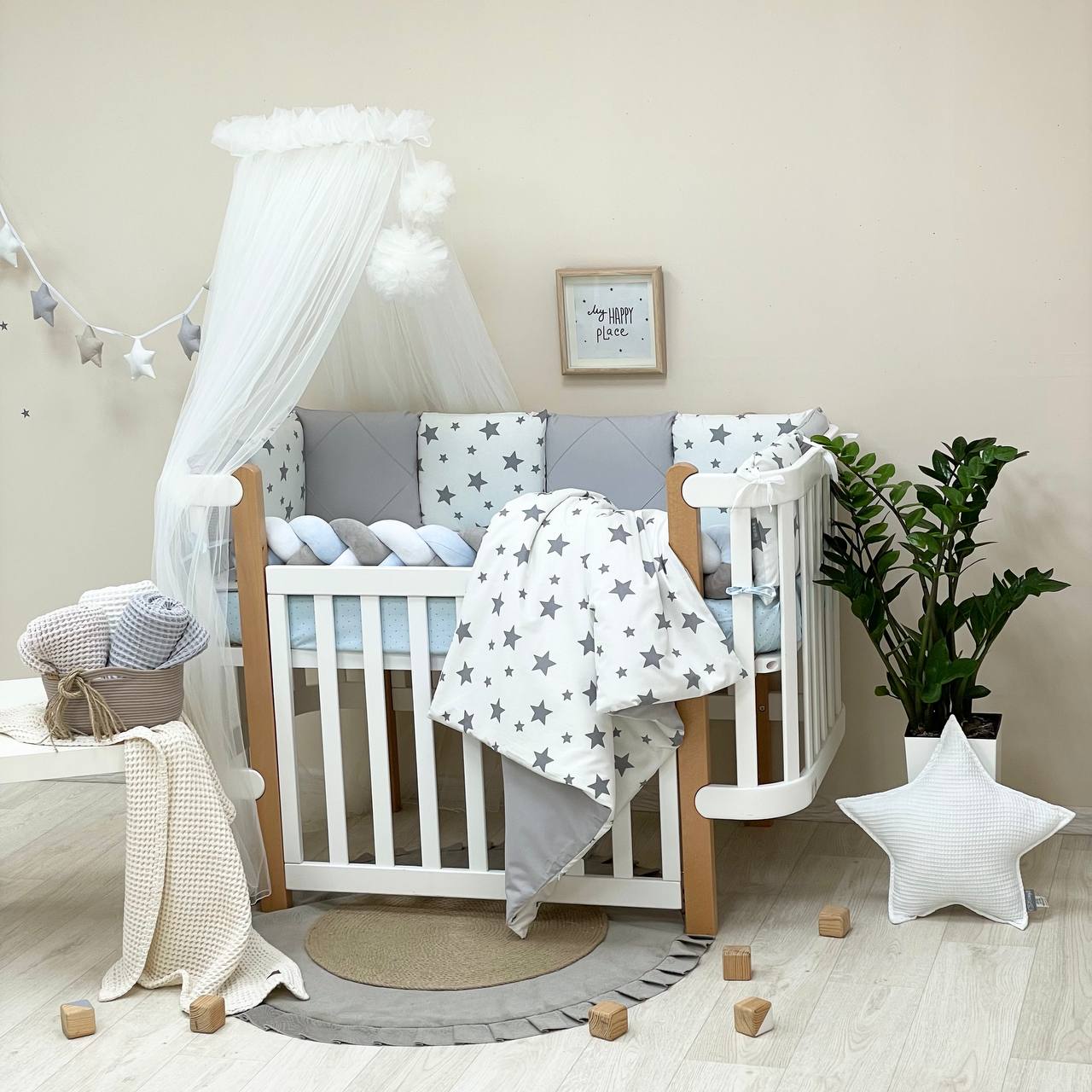 Komplet do postieľky pre bábätko Happy Night – hviezda sivá