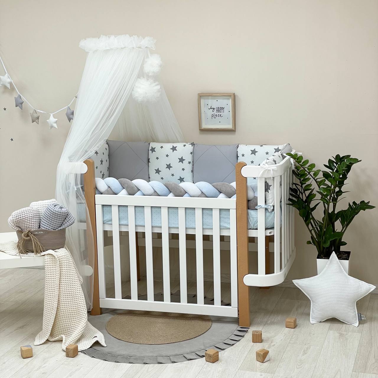 Komplet do postieľky pre bábätko Happy Night – hviezda sivá