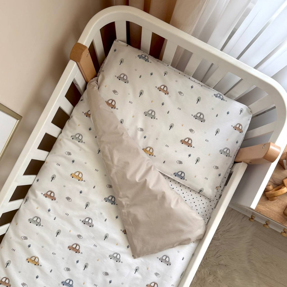 Detská posteľná súprava do postieľky Baby Dream – Autíčka bledomodrá