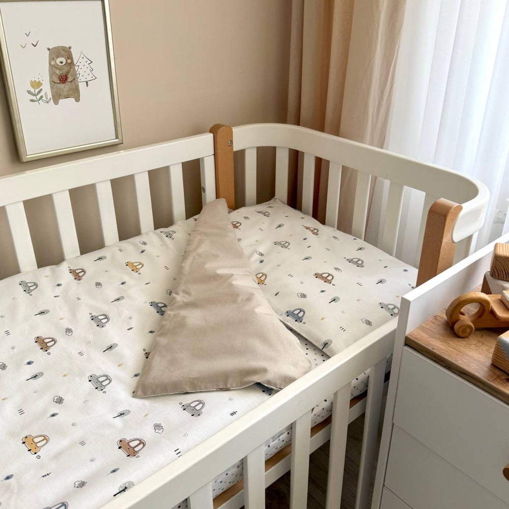 Detská posteľná súprava do postieľky Baby Dream – Autíčka bledomodrá