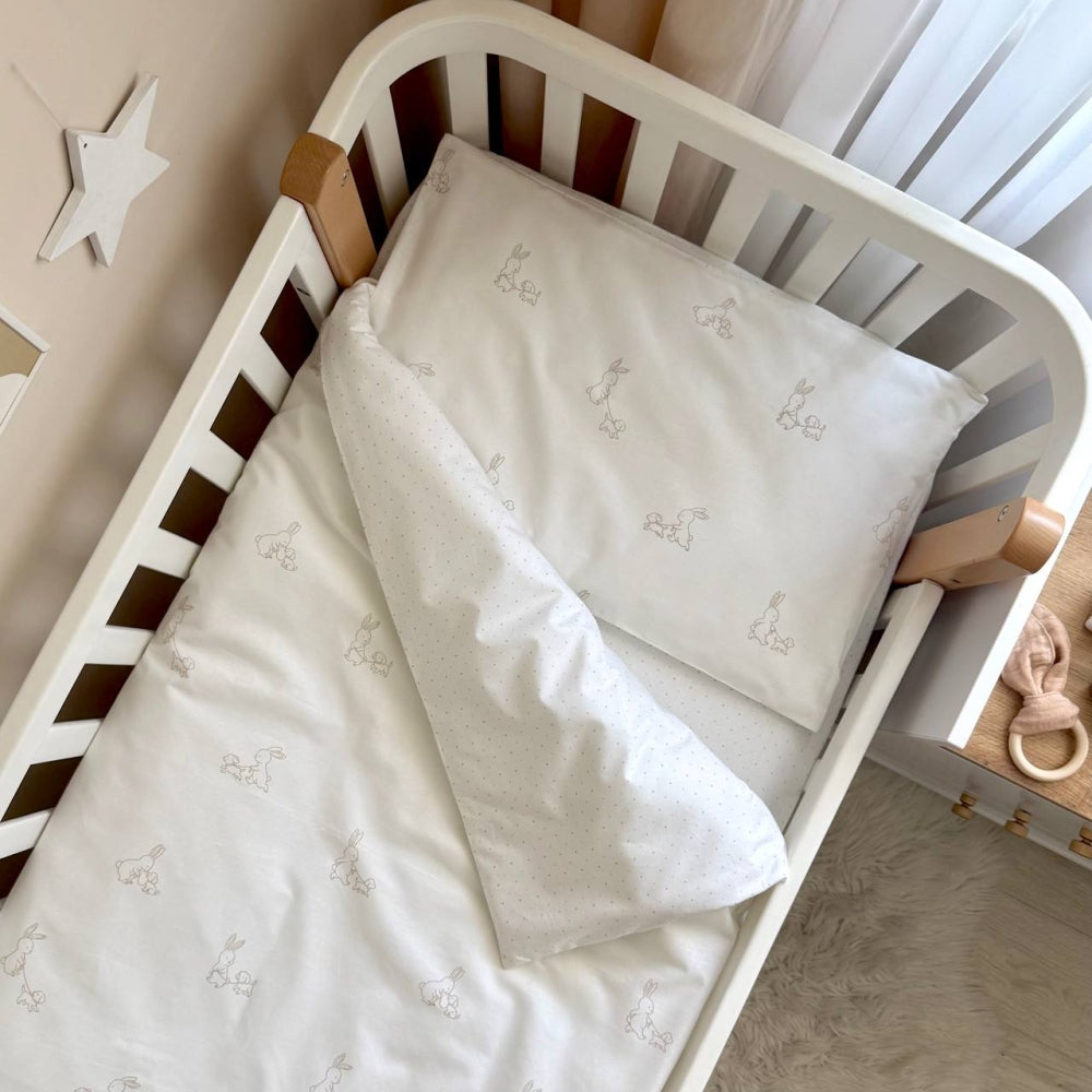 Detská posteľná súprava do postieľky Baby Dream – Zajačik so psíkom béžovo-bledomodrá