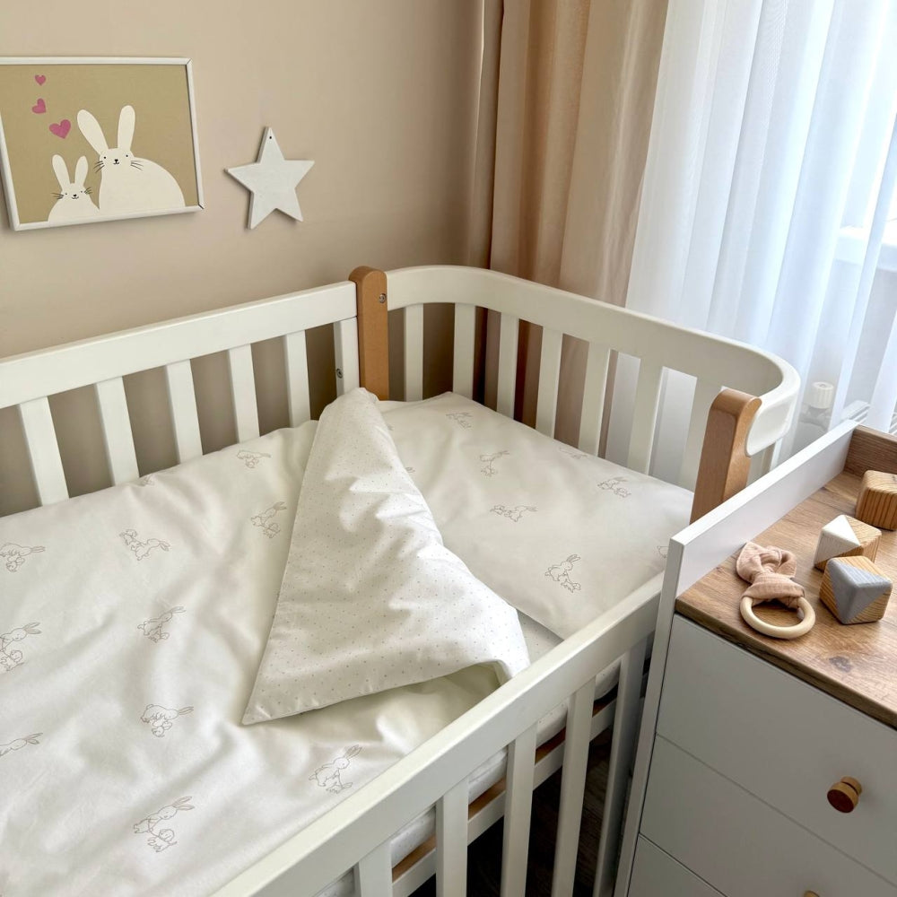 Detská posteľná súprava do postieľky Baby Dream – Zajačik so psíkom béžovo-bledomodrá