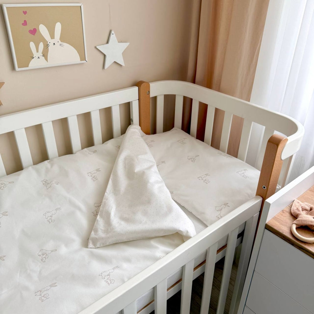 Detská posteľná súprava do postieľky Baby Dream – Zajačik so psíkom béžovo-púdrová