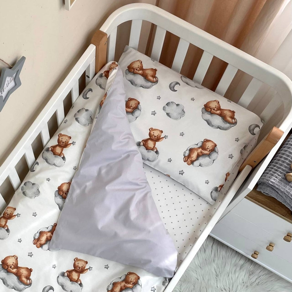 Bavlnená posteľná súprava do postieľky Baby Mix – Teddy sivá