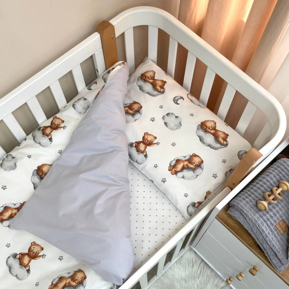 Bavlnená posteľná súprava do postieľky Baby Mix – Teddy sivá