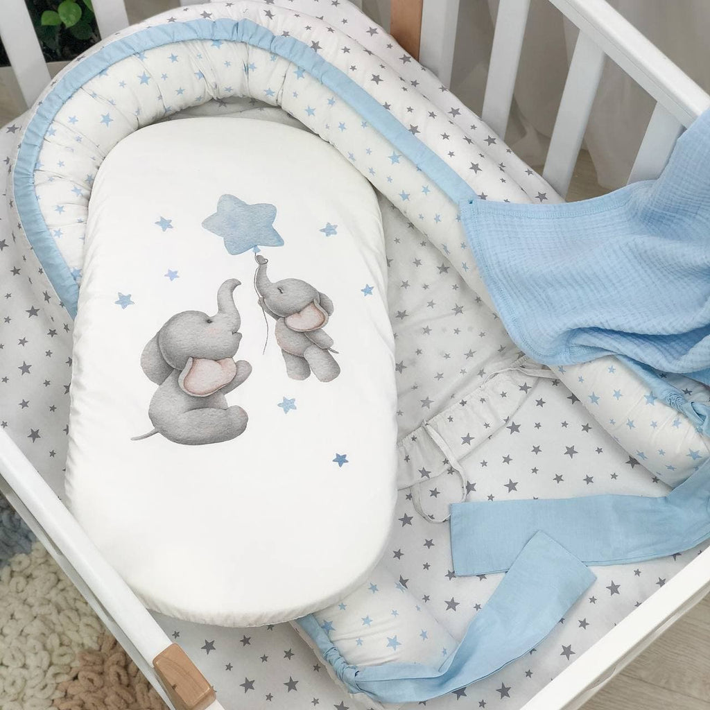 Detské hniezdo pre bábätko Kolekcia č. 6 – detské sloníky modré