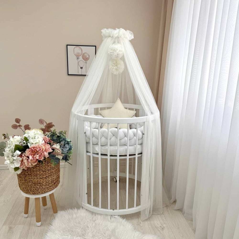 Baldachýn nad postieľku s brmbolcami Soft – mliečny