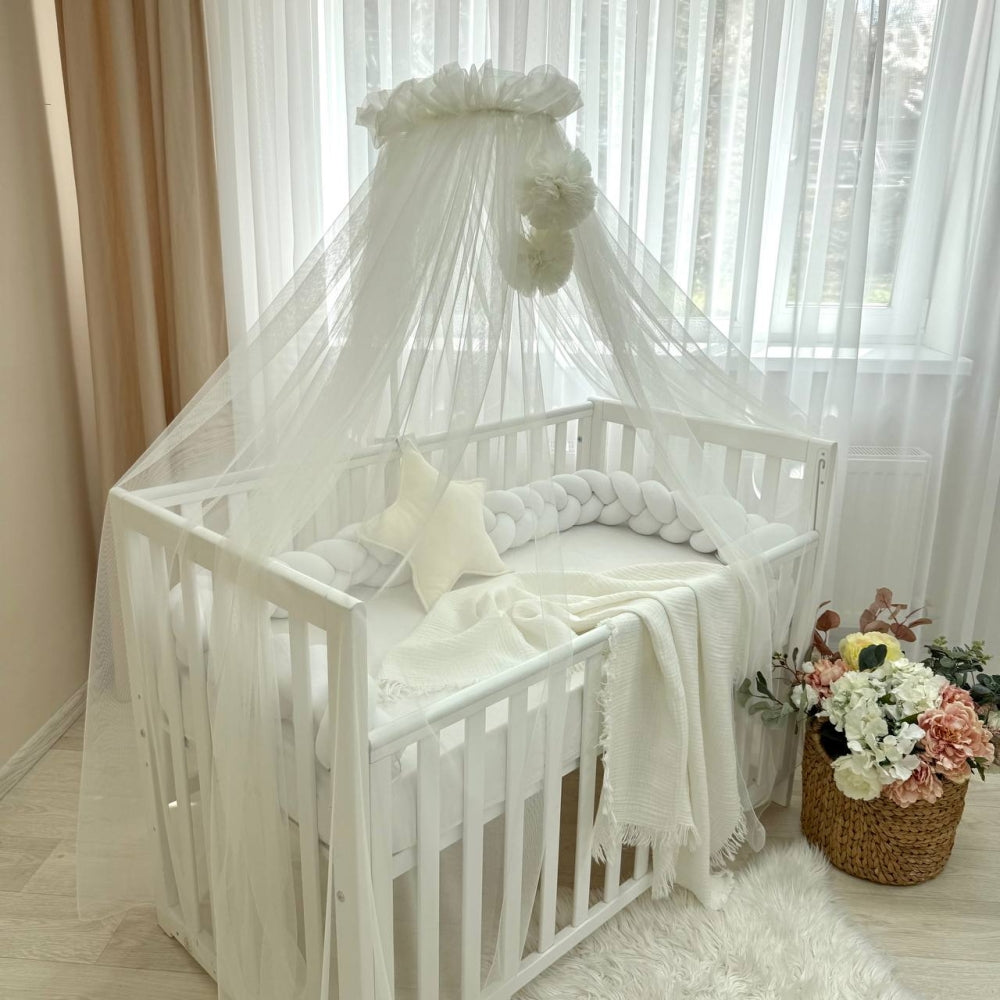 Baldachýn nad postieľku s brmbolcami Soft – mliečny