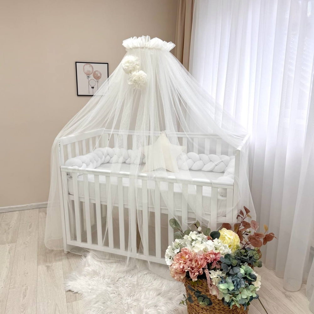 Baldachýn nad postieľku s brmbolcami Soft – mliečny