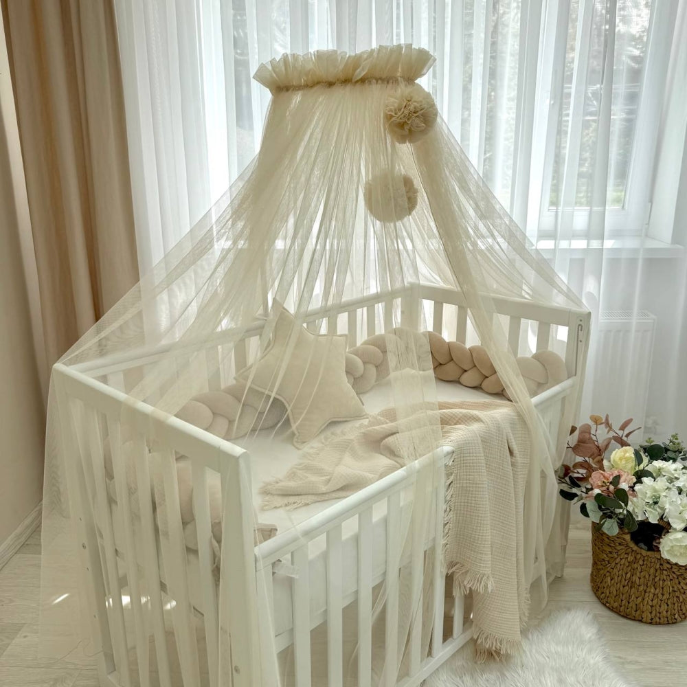 Baldachýn nad postieľku s brmbolcami Soft – krémový