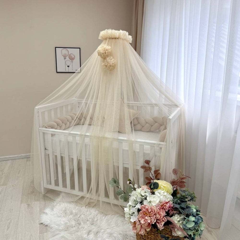 Baldachýn nad postieľku s brmbolcami Soft – krémový