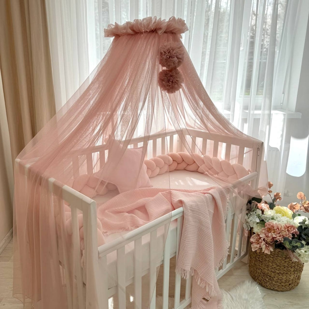 Baldachýn nad postieľku s brmbolcami Soft – púdrový