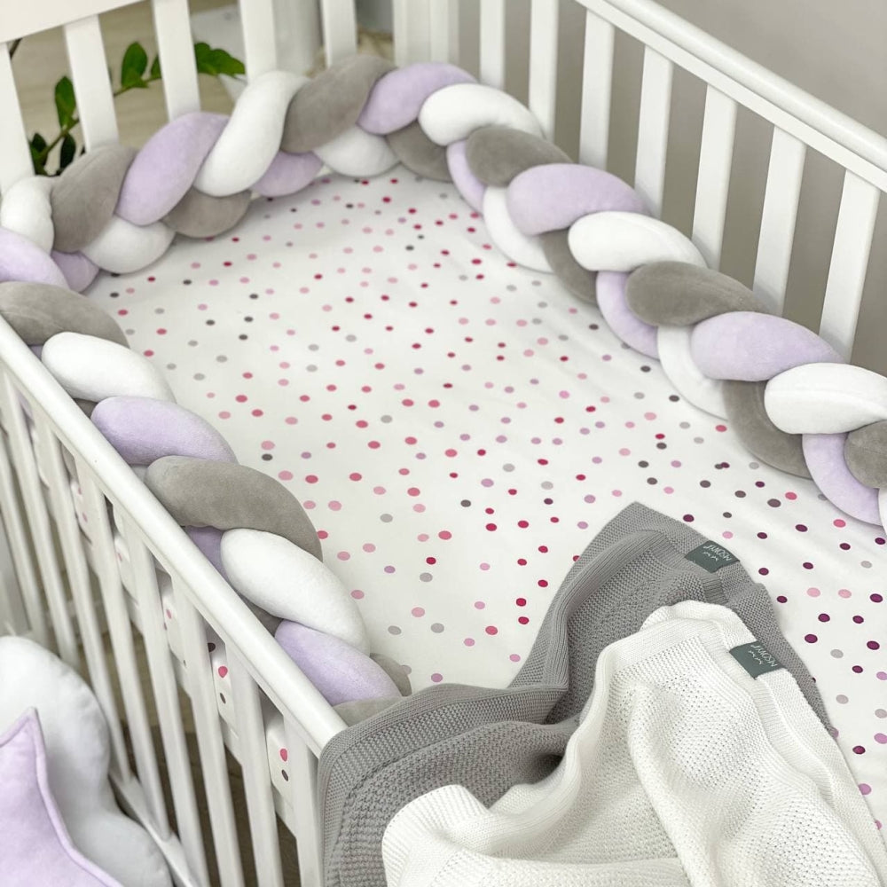 Pletený mantinel do postieľky 220 cm – biela/sivá/lila
