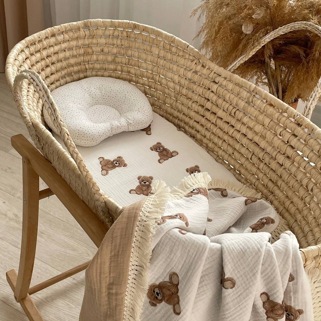 Mušelínová deka so strapcami pre bábätko Medvedíky Teddy – béžová so strapcami