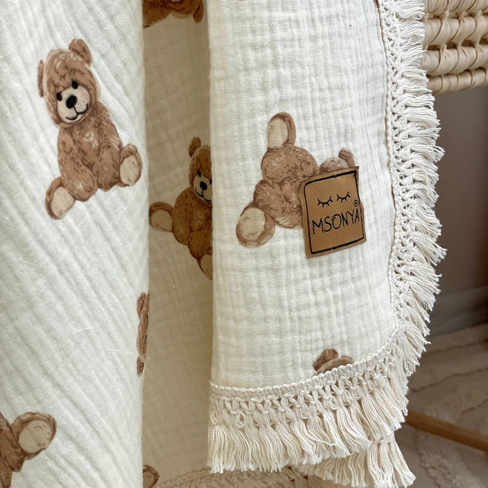 Dvojvrstvová mušelínová deka pre bábätko Teddy na mliečnom, 80 × 100 cm