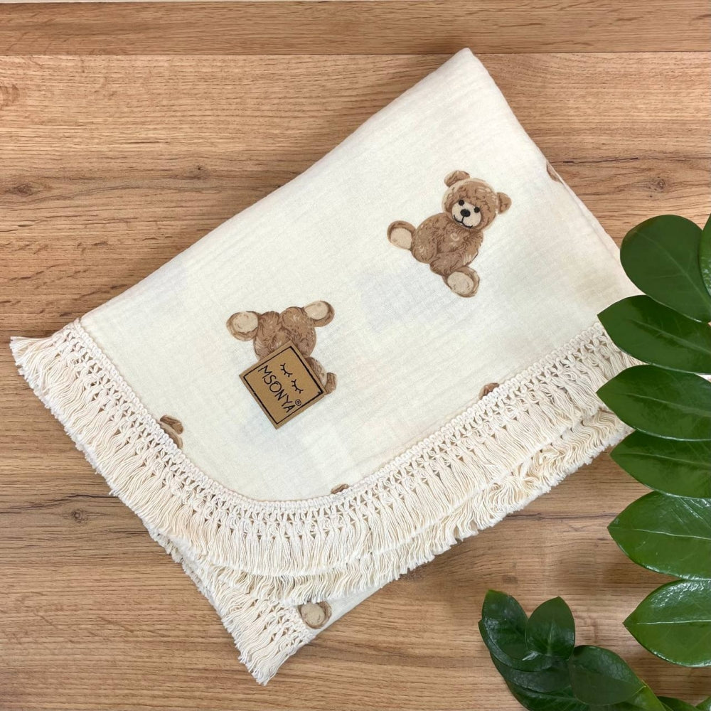 Dvojvrstvová mušelínová deka pre bábätko Teddy na mliečnom, 80 × 100 cm