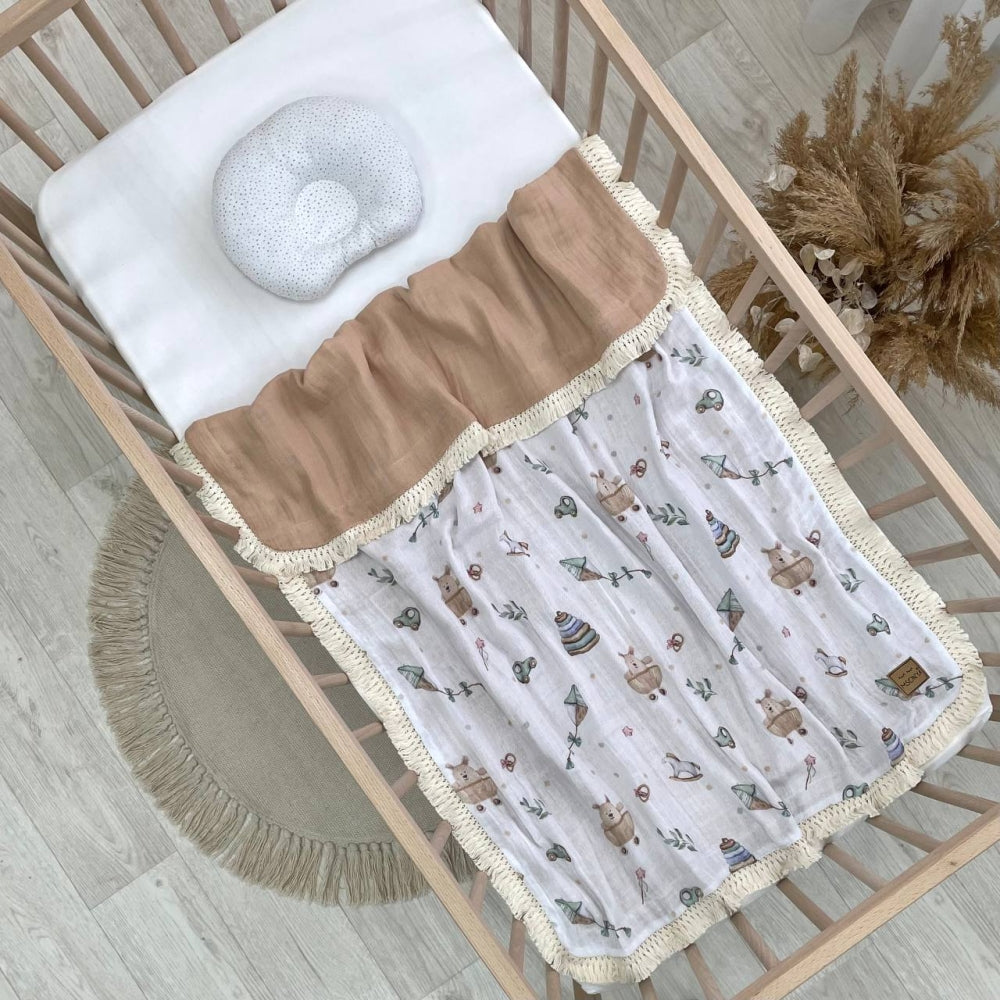 Mušelínová deka so strapcami pre bábätko Hračky béžová so strapcami