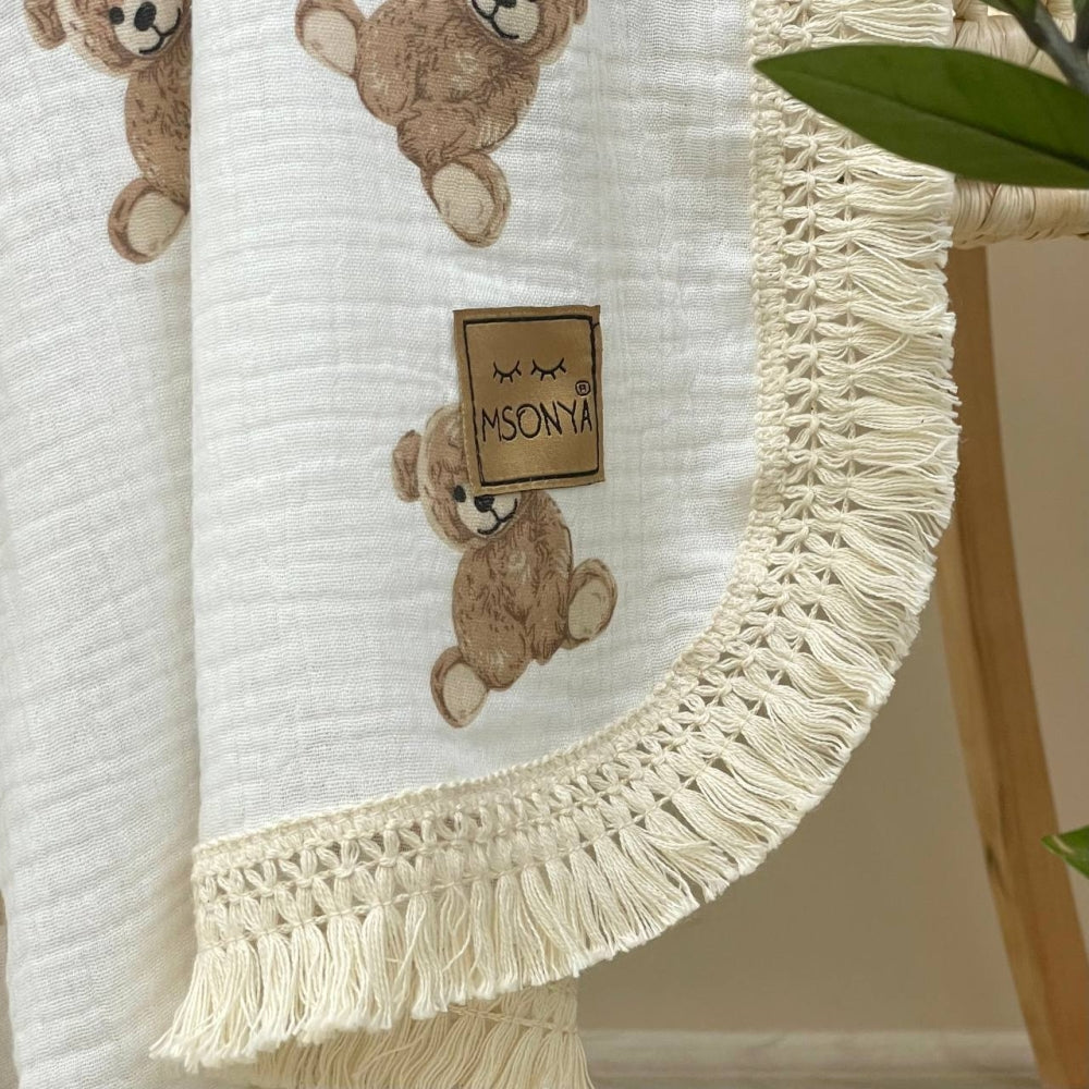 Dvojvrstvová mušelínová deka pre bábätko Teddy na bielom, 80 × 100 cm