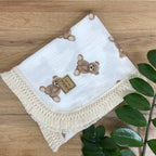 Dvojvrstvová mušelínová deka pre bábätko Teddy na bielom, 80 × 100 cm