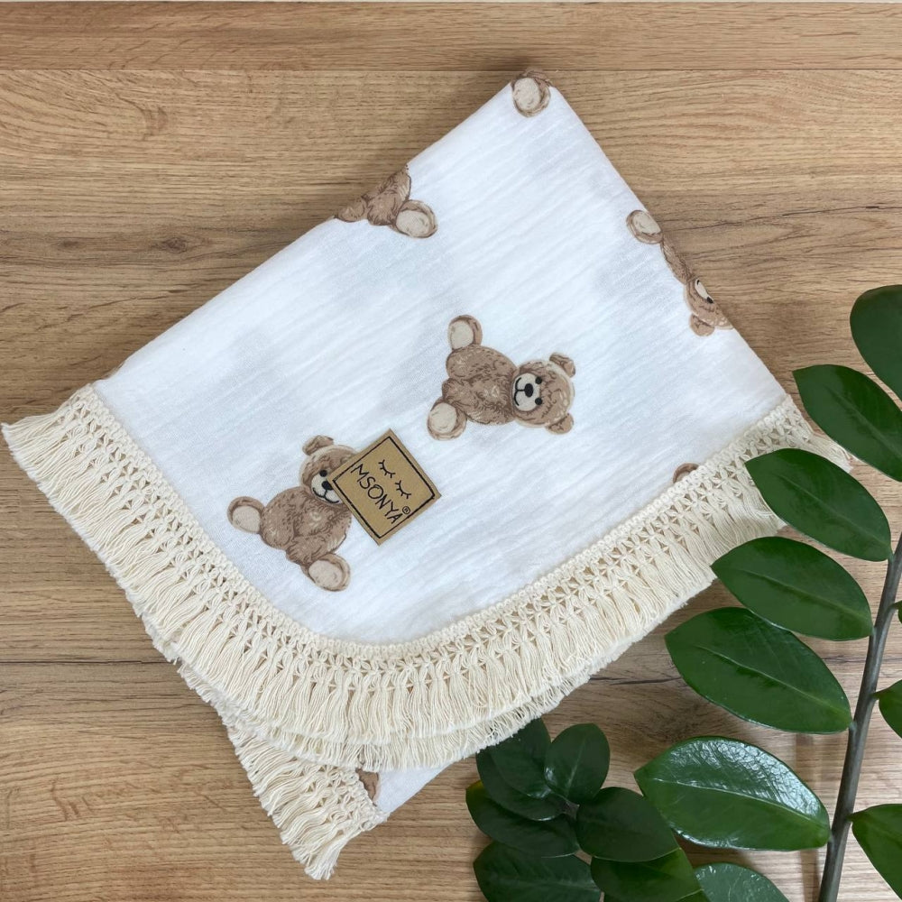 Dvojvrstvová mušelínová deka pre bábätko Teddy na bielom, 80 × 100 cm