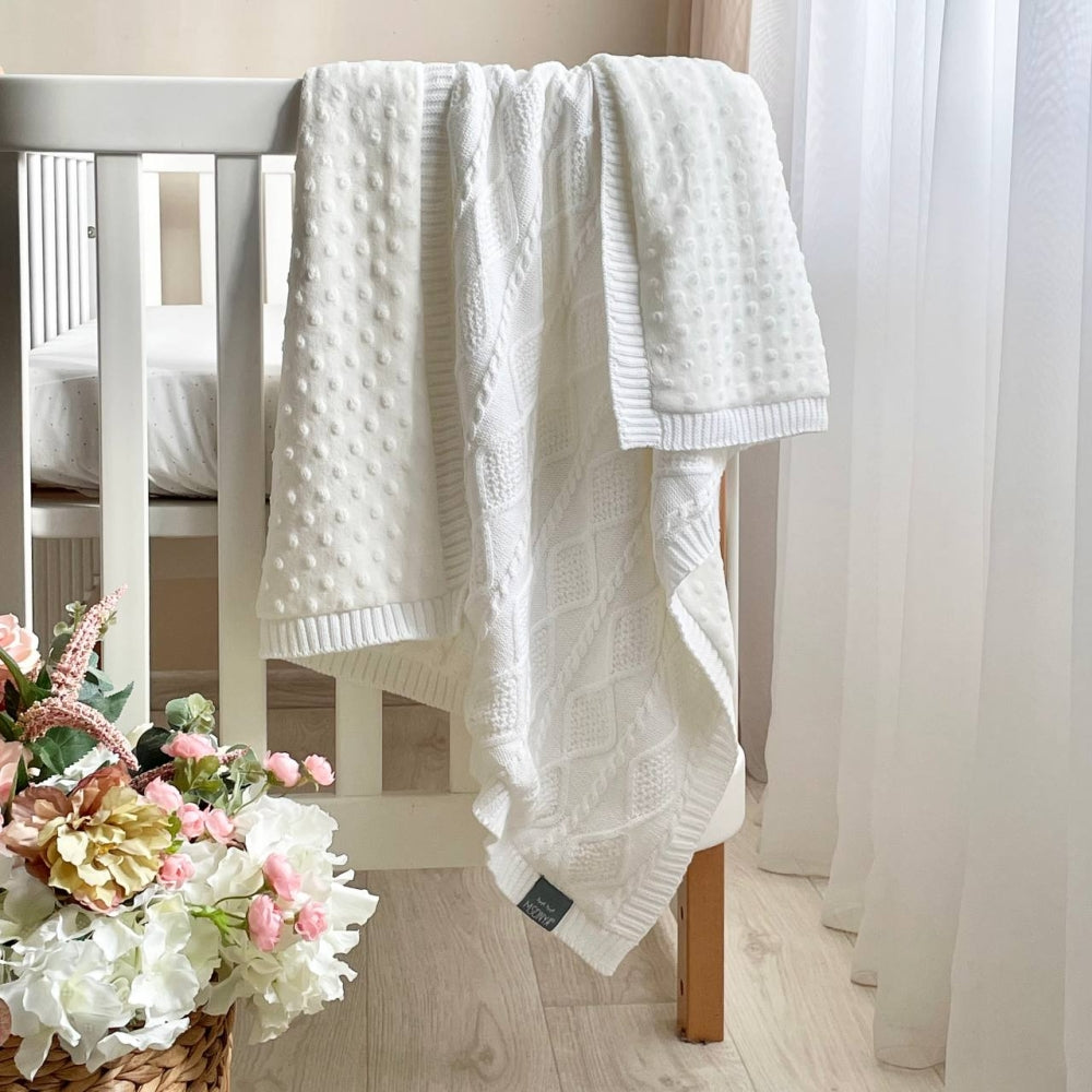 Zateplená pletená deka pre bábätko bavlna/Wellsoft Romb/Kosa biela